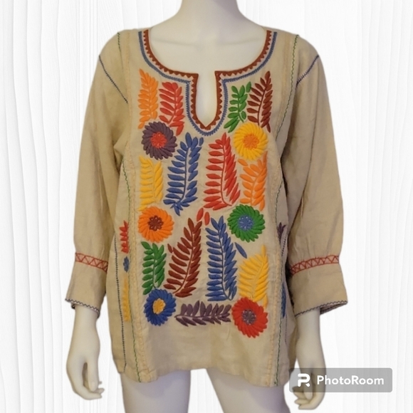 SISTER MARY Gloria Mexican Floral Embroidered Linen Fiesta Festival Tunic - Picture 1 of 9